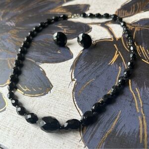 Vintage 1940s Faceted Black Beaded Choker Evening Necklace and Earring Set